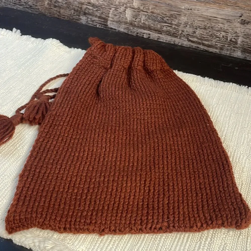 Hobo Boho Crocheted Drawstring Purse/Bag, Brown with Floral Design, Brown